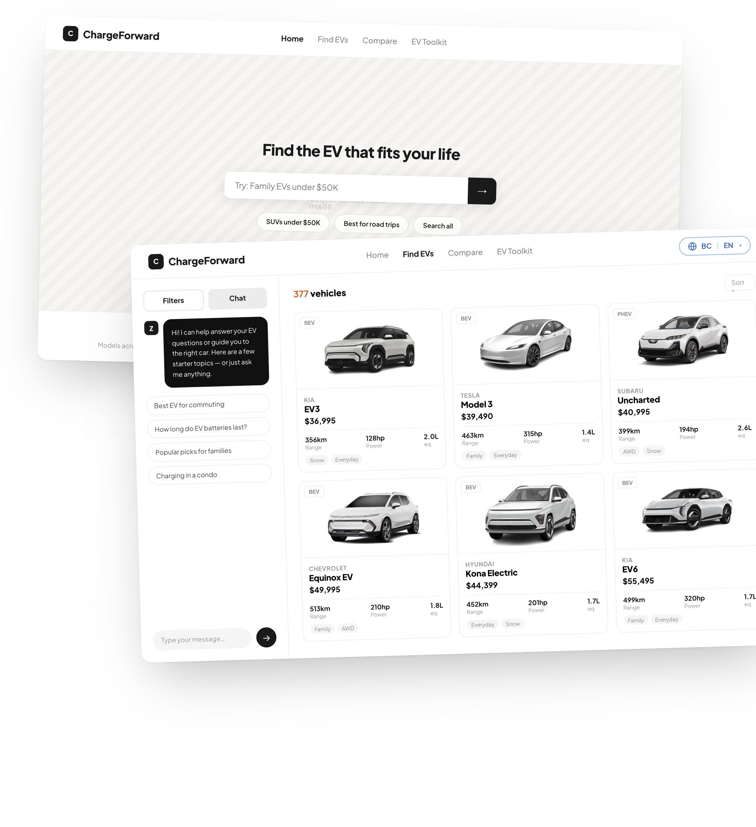 EV Hub — homepage and vehicle listing page